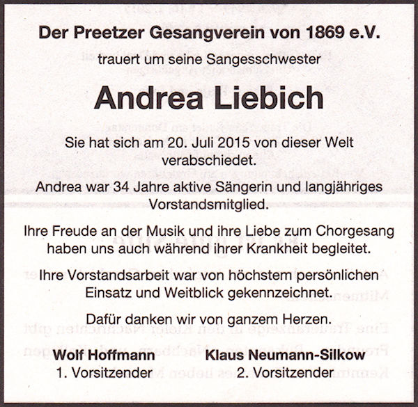 Anzeige Kieler Nachrichten vom 25. Juli 2015 - Andrea Liebich