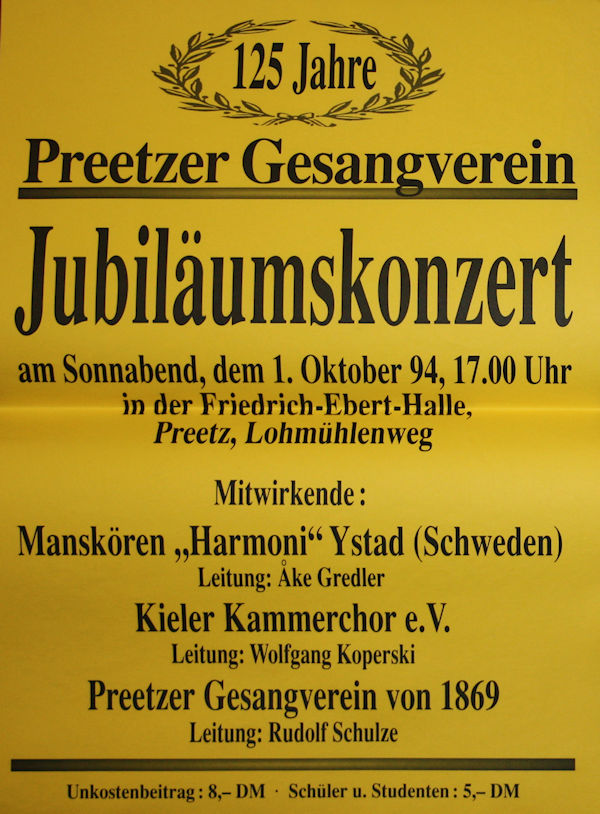 Preetzer Gesangverein - Plakat Jubiläumskonzert 1994