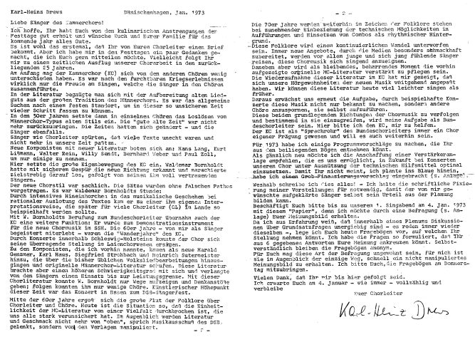 1973 - Chorleiter Drews engagiert sich wie sein Vorgänger