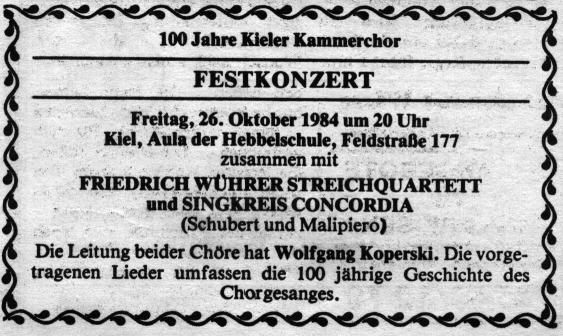 1984 - Anzeige in den Kieler Nachrichten für das Festkonzert 